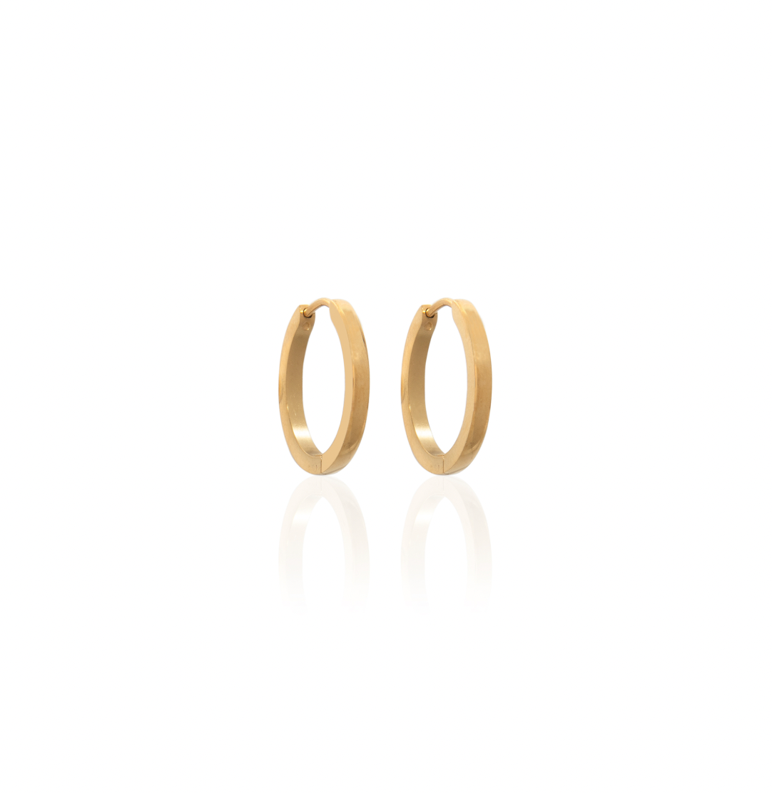 A pair of gold-colored hoop earrings on a white background, crafted from oxidising free stainless steel.