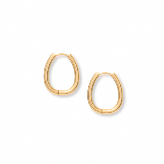 A pair of gold-plated, stainless steel hoop earrings on a white background.