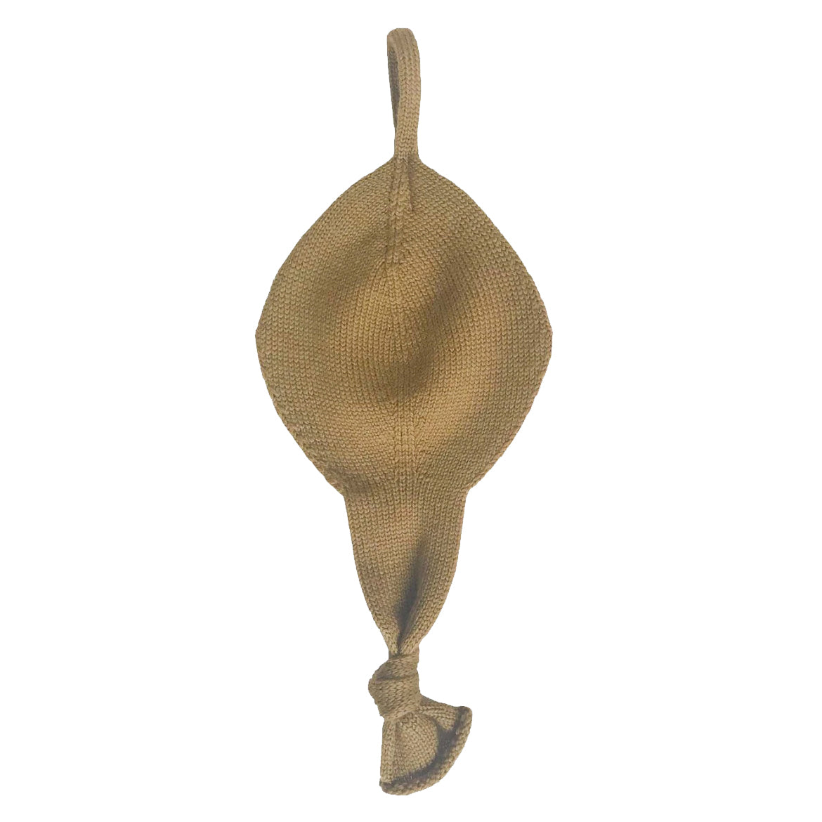 Mustard coloured baby wool comforter with a tied knot on the end, placed on a white background