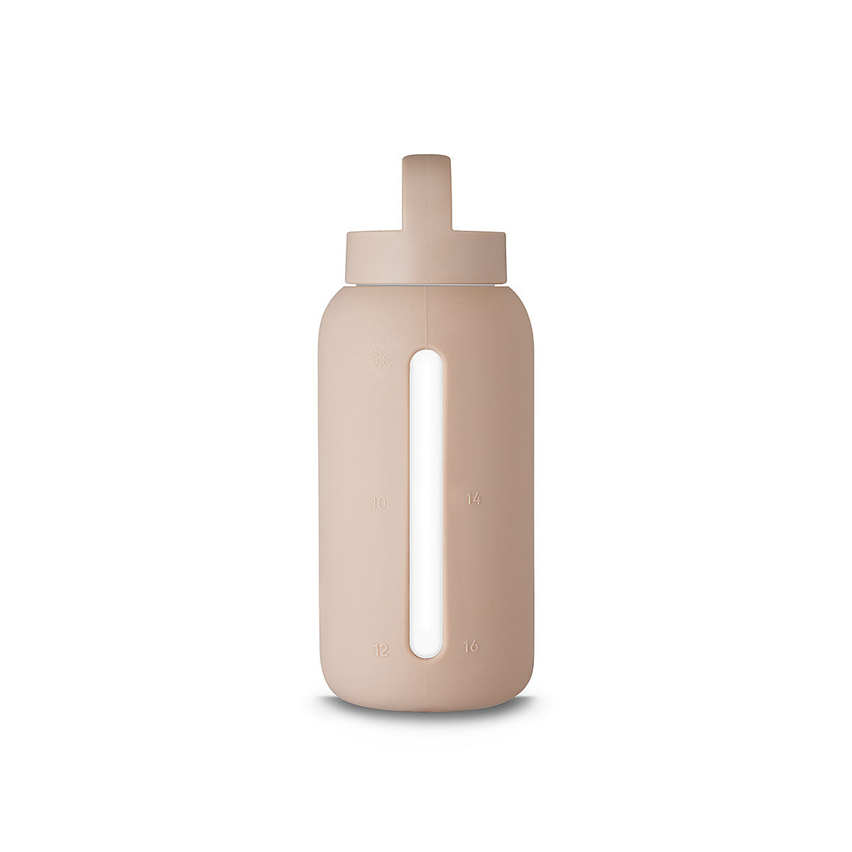 A matte Silicone covered glass bottle, with a window to see the drink on the inside, in a pinky cream colour with a plastic screw top circular lid with a handle