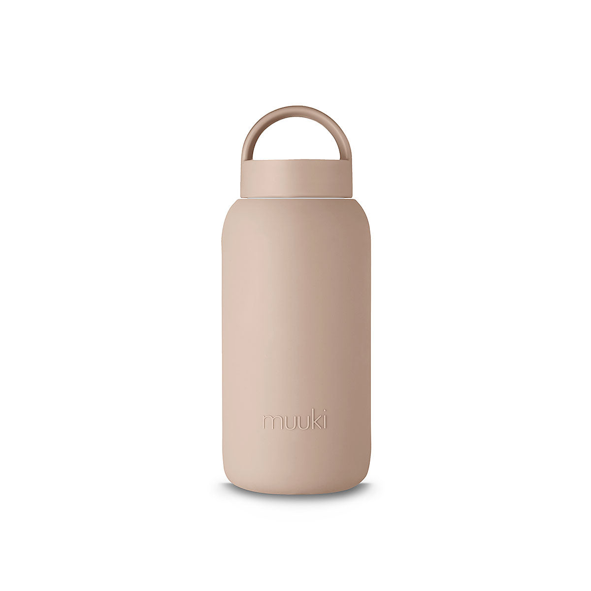 A matte Silicone covered glass bottle, with a window to see the drink on the inside, in a pinky cream colour with a plastic screw top circular lid with a handle