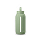 A matte Silicone covered glass bottle, with a window to see the drink on the inside, in a muted sage green colour with a plastic screw top circular lid with a handle
