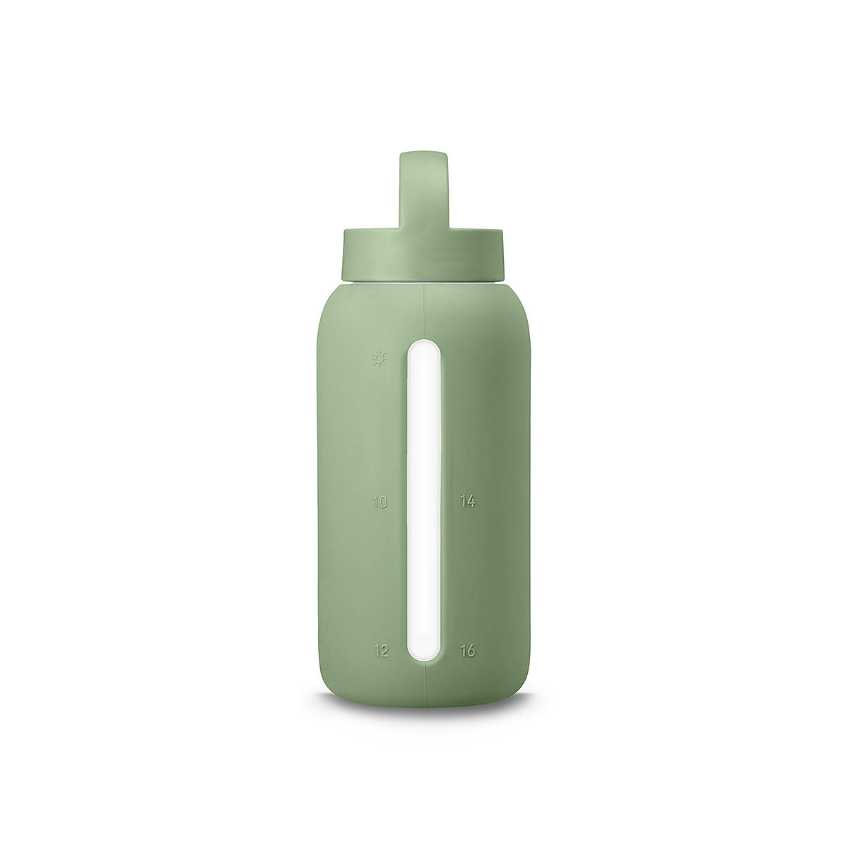 A matte Silicone covered glass bottle, with a window to see the drink on the inside, in a muted sage green colour with a plastic screw top circular lid with a handle