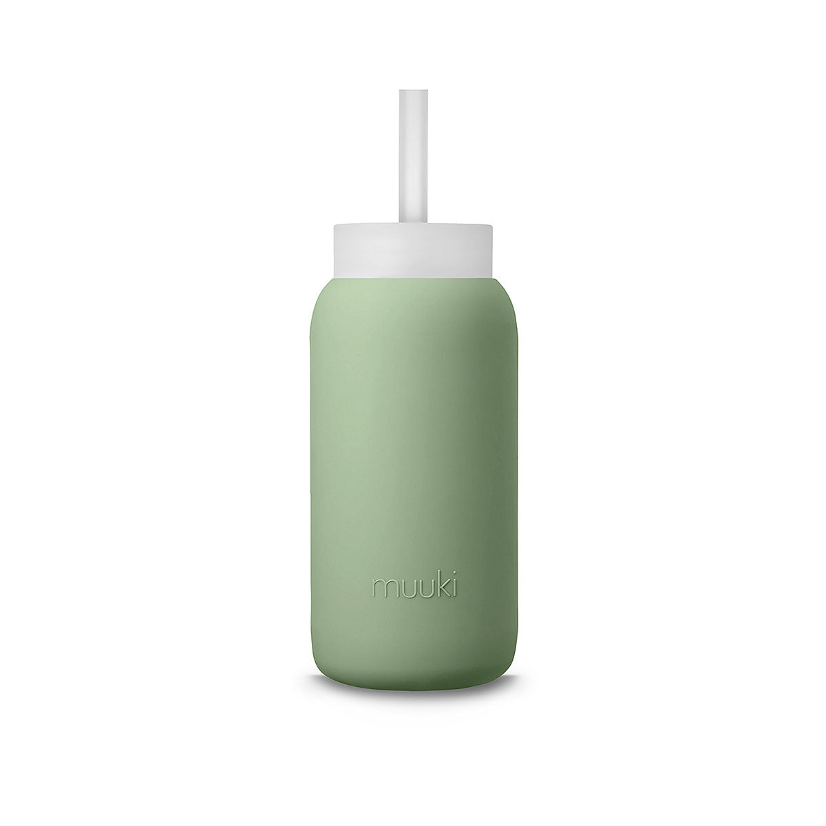 A matte Silicone covered glass bottle, with a window to see the drink on the inside, in a muted sage green colour with a plastic screw top circular lid with a handle