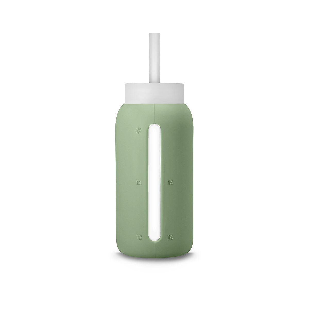 A matte Silicone covered glass bottle, with a window to see the drink on the inside, in a muted sage green colour with a plastic screw top circular lid with a handle