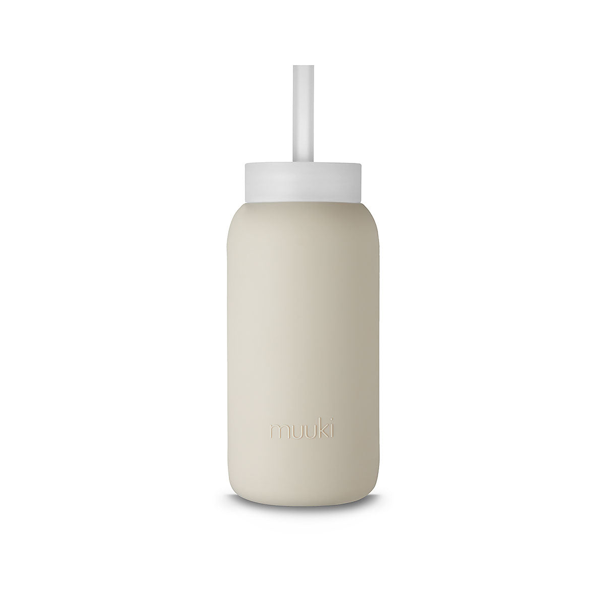 A matte Silicone covered glass bottle, with a window to see the drink on the inside, in a creamy white colour with a plastic screw top circular lid with a handle