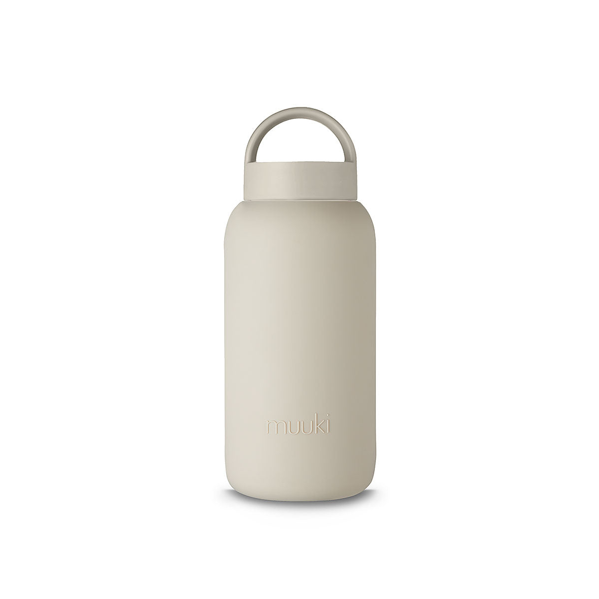 A matte Silicone covered glass bottle, with a window to see the drink on the inside, in a creamy white colour with a plastic screw top circular lid with a handle