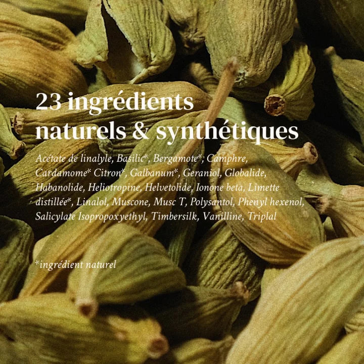 An image of the list of the 23 ingredients that are used to create this perfume, written  in French, against the backdrop of an image of what appears to be a green fruits or vegetables.  
