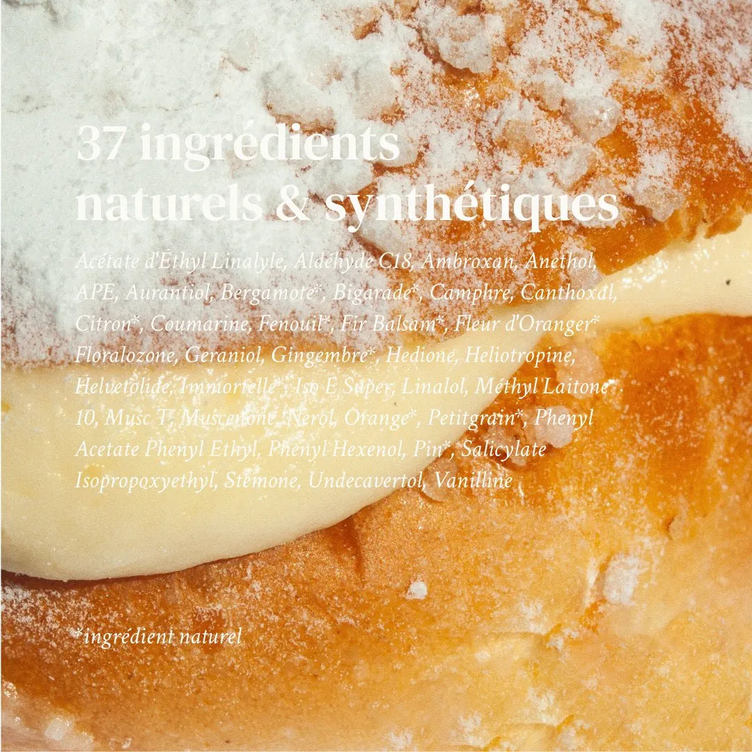 A list of the 37 ingredients in the Versatile Paris Sea Sud Sun perfume written in French. The words are over the top of a cream choux bun
